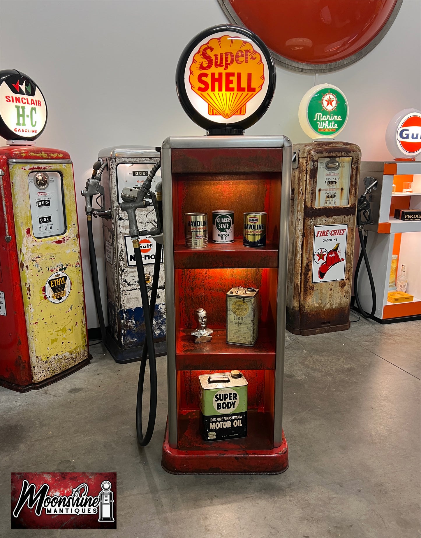 Rustoration 1940’s SUPER SHELL Bowser Gas Pump w/ Shelves - Mancave Decor - Free Shipping!