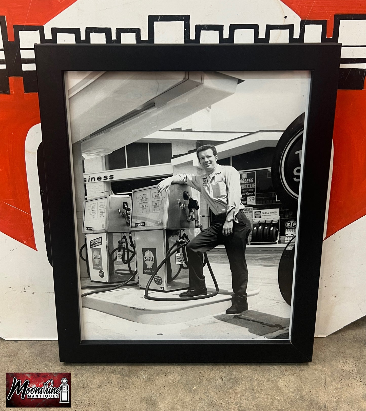 Vtg. Original 1970's SHELL SERVICE STATION w/ Gas Pumps Framed Photo - Free Shipping!