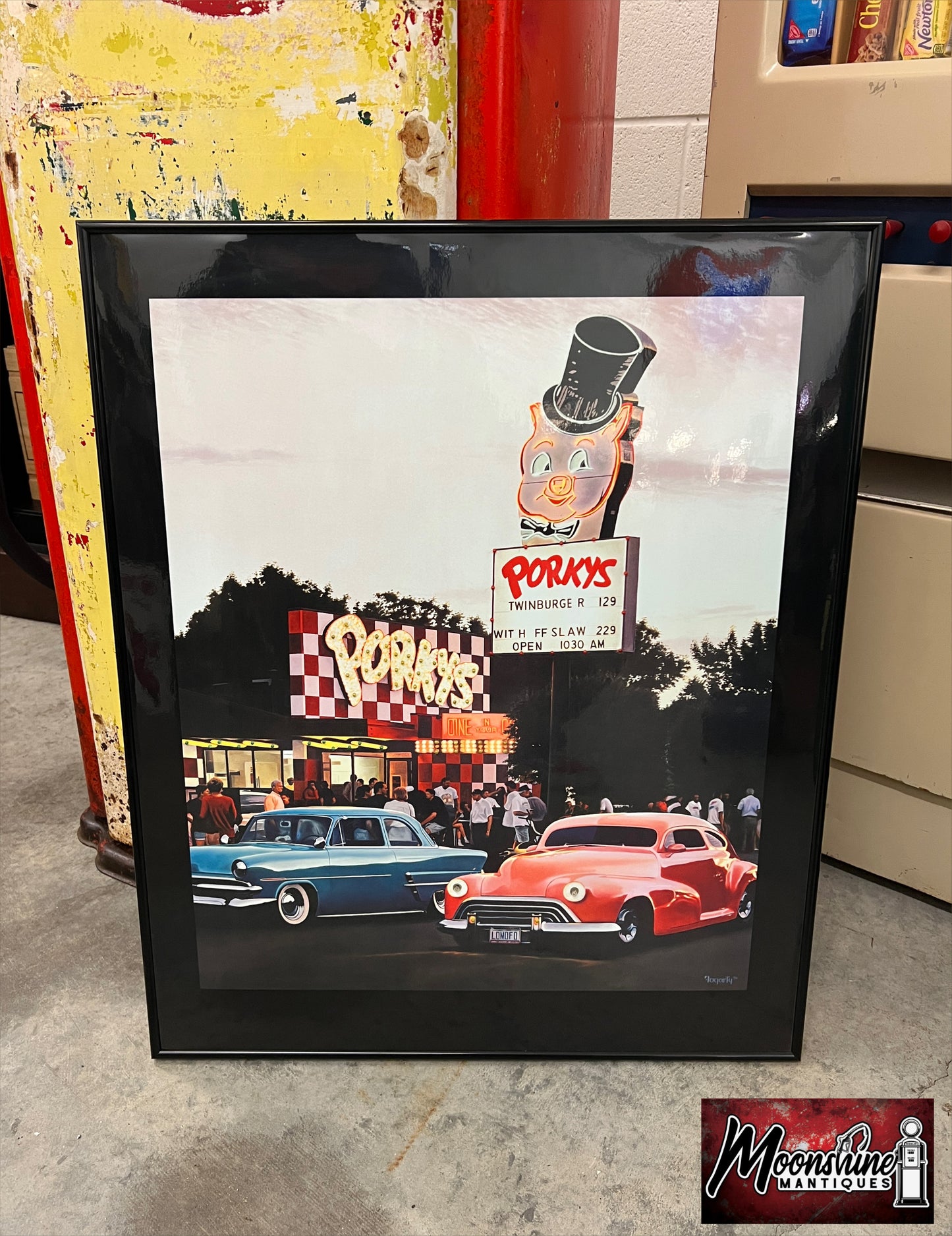 Vtg. PORKY'S DRIVE-IN / Hot Rods Electric Art Gallery Lighted Framed Photo - Free Shipping!