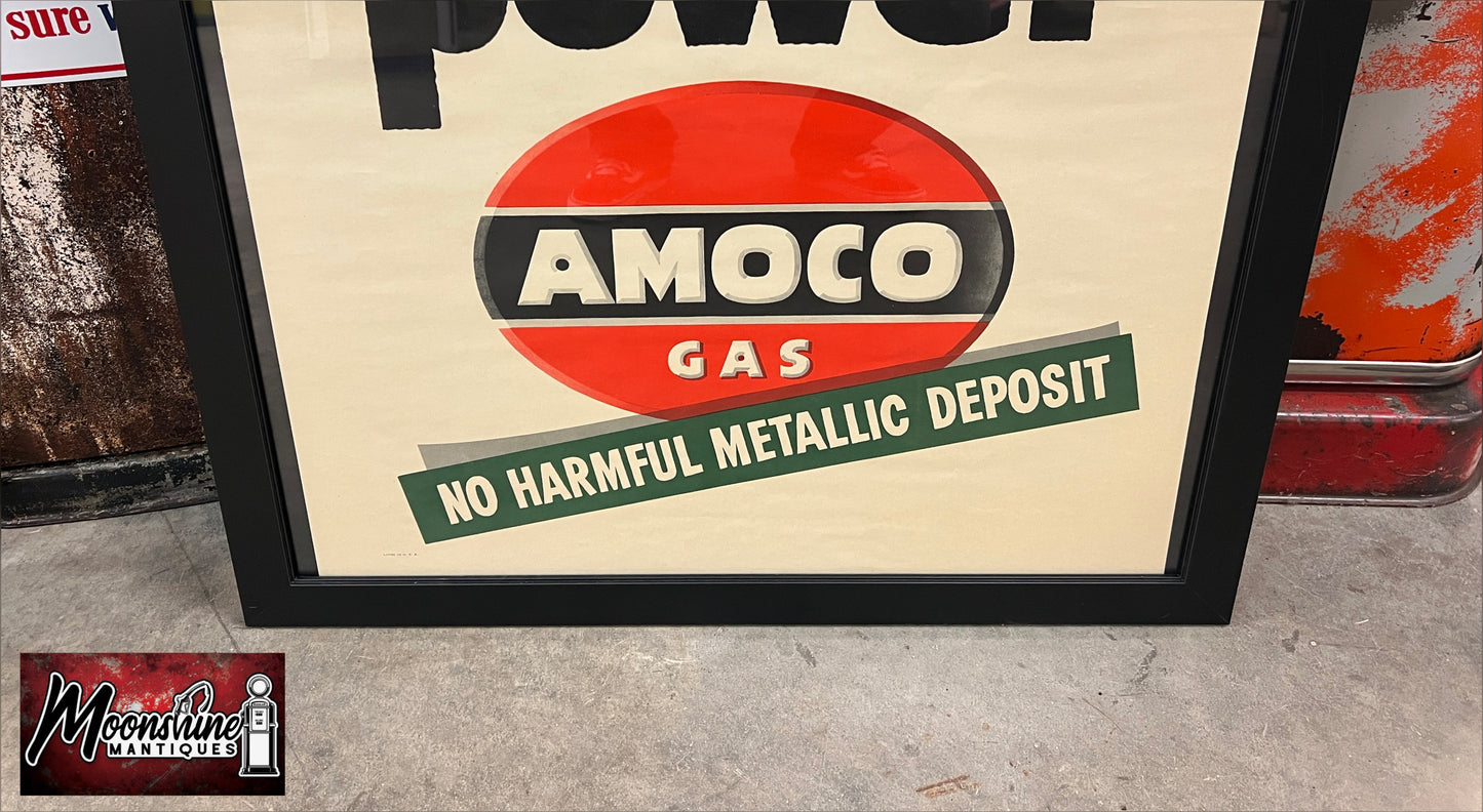 Vtg. 1950’s AMOCO GASOLINE Framed Poster / Sign - Free Shipping!