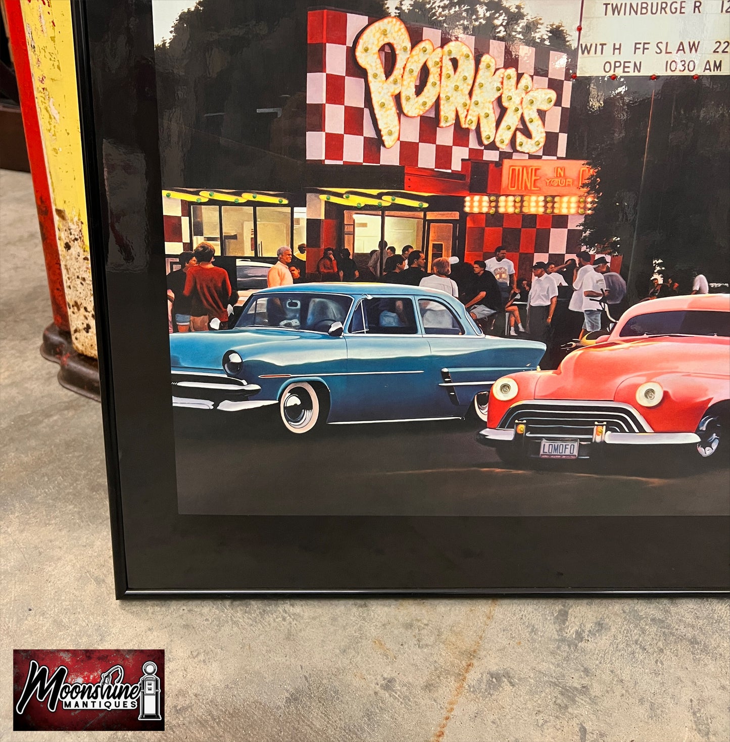 Vtg. PORKY'S DRIVE-IN / Hot Rods Electric Art Gallery Lighted Framed Photo - Free Shipping!