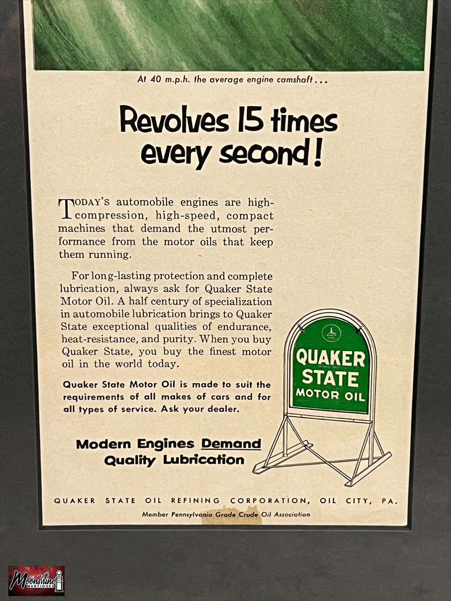 1953 QUAKER STATE Motor Oil Professionally Framed Print Ad - Gas & Oil Sign - Free Shipping!