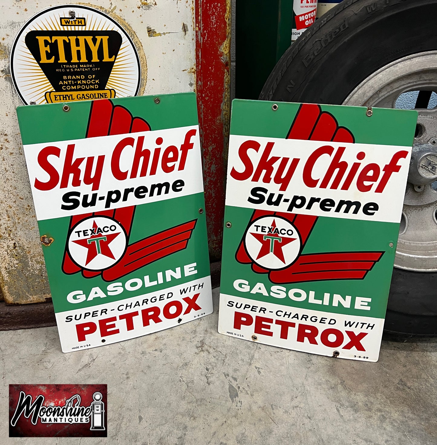 MATCHING PAIR of 1950's TEXACO Sky Chief Porcelain Gas Pump Plate Signs - Free Shipping!
