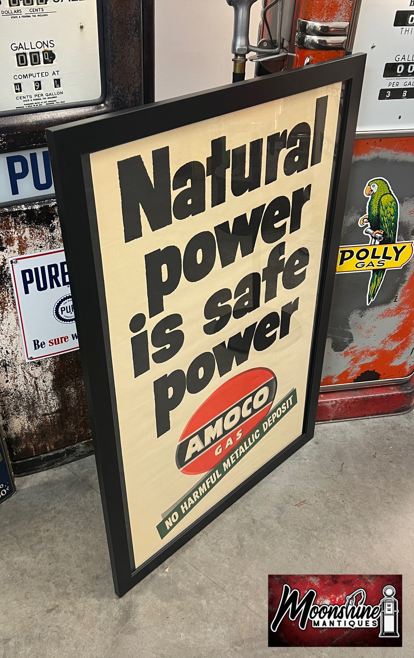 Vtg. 1950’s AMOCO GASOLINE Framed Poster / Sign - Free Shipping!