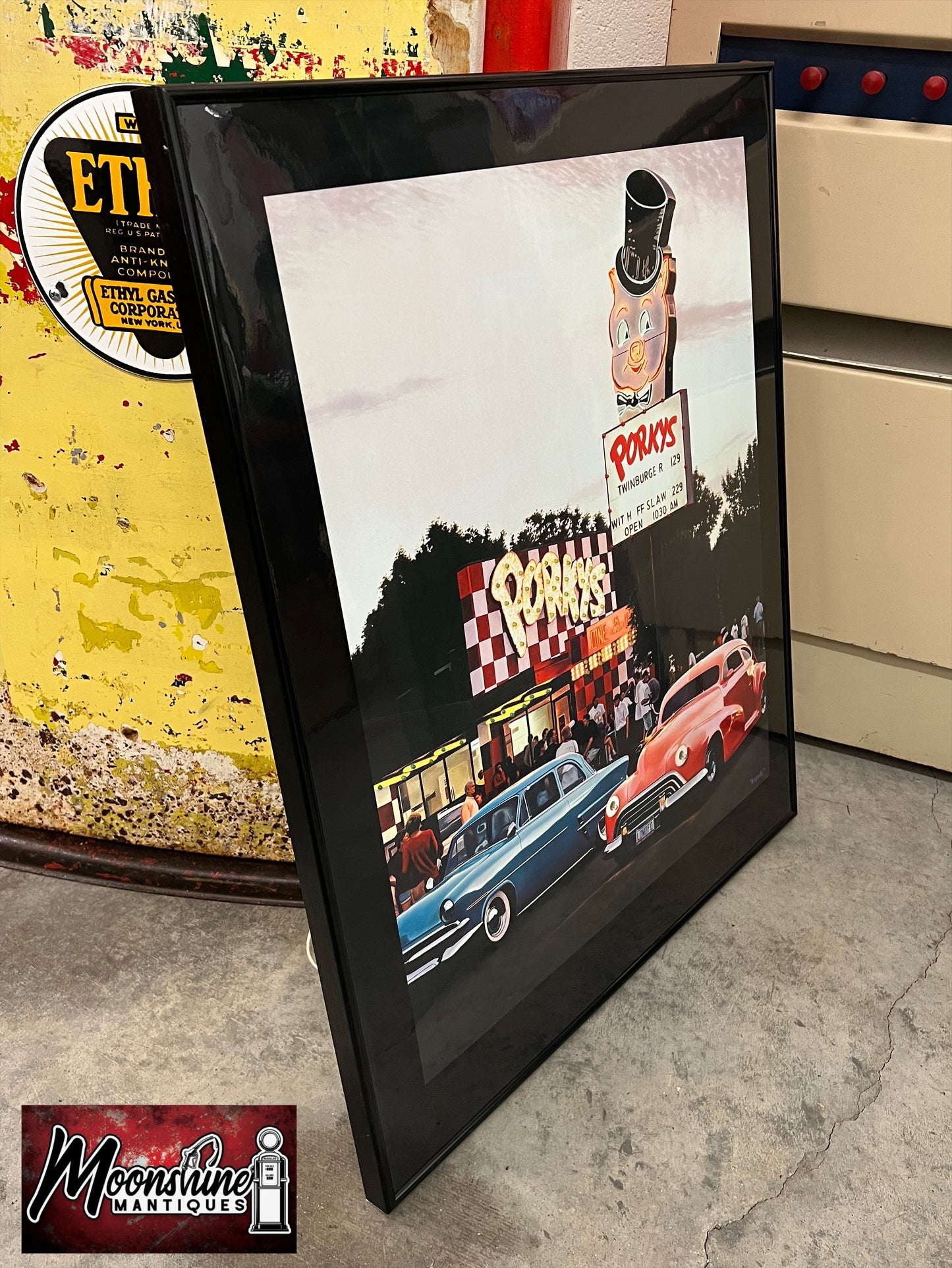 Vtg. PORKY'S DRIVE-IN / Hot Rods Electric Art Gallery Lighted Framed Photo - Free Shipping!