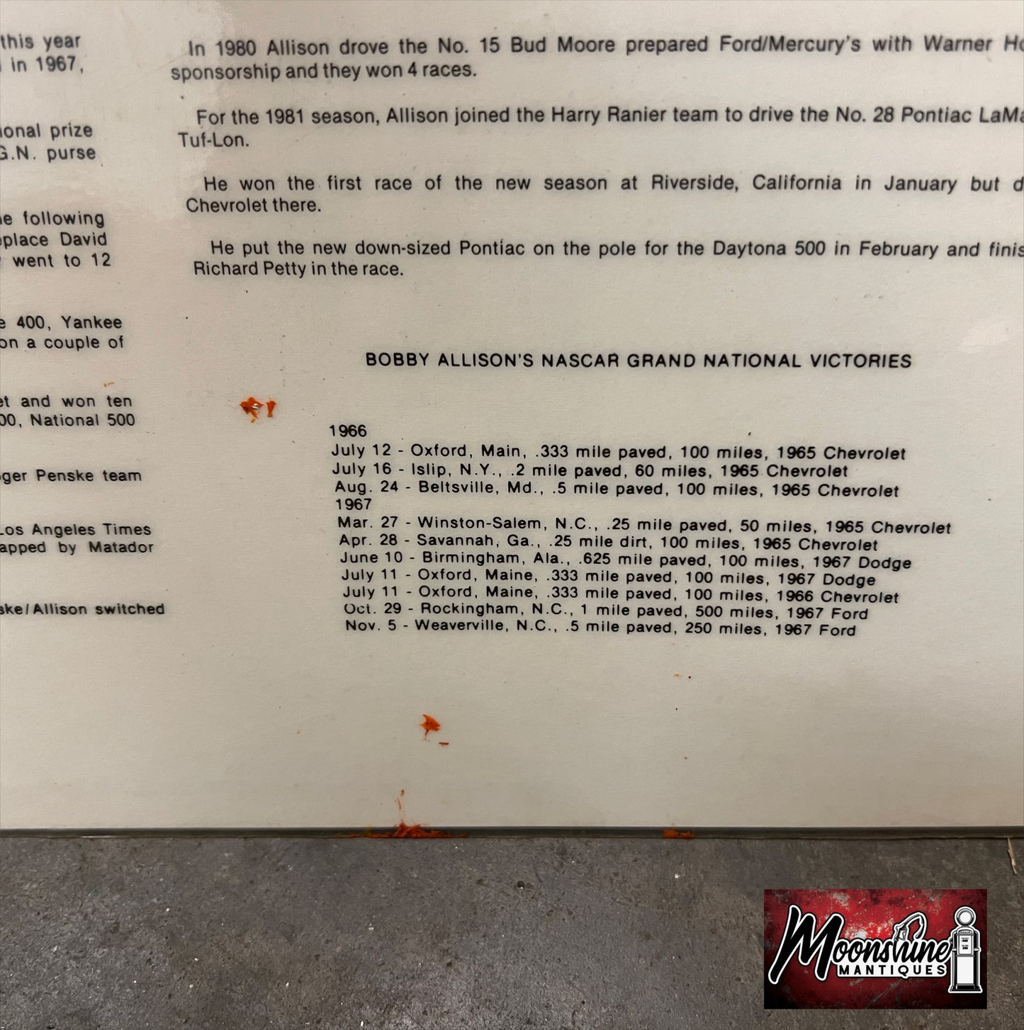1980’s SportStar Photo Graphics NASCAR Bobby Allison Tuf-Lon Poster / Placemat - Free Shipping!