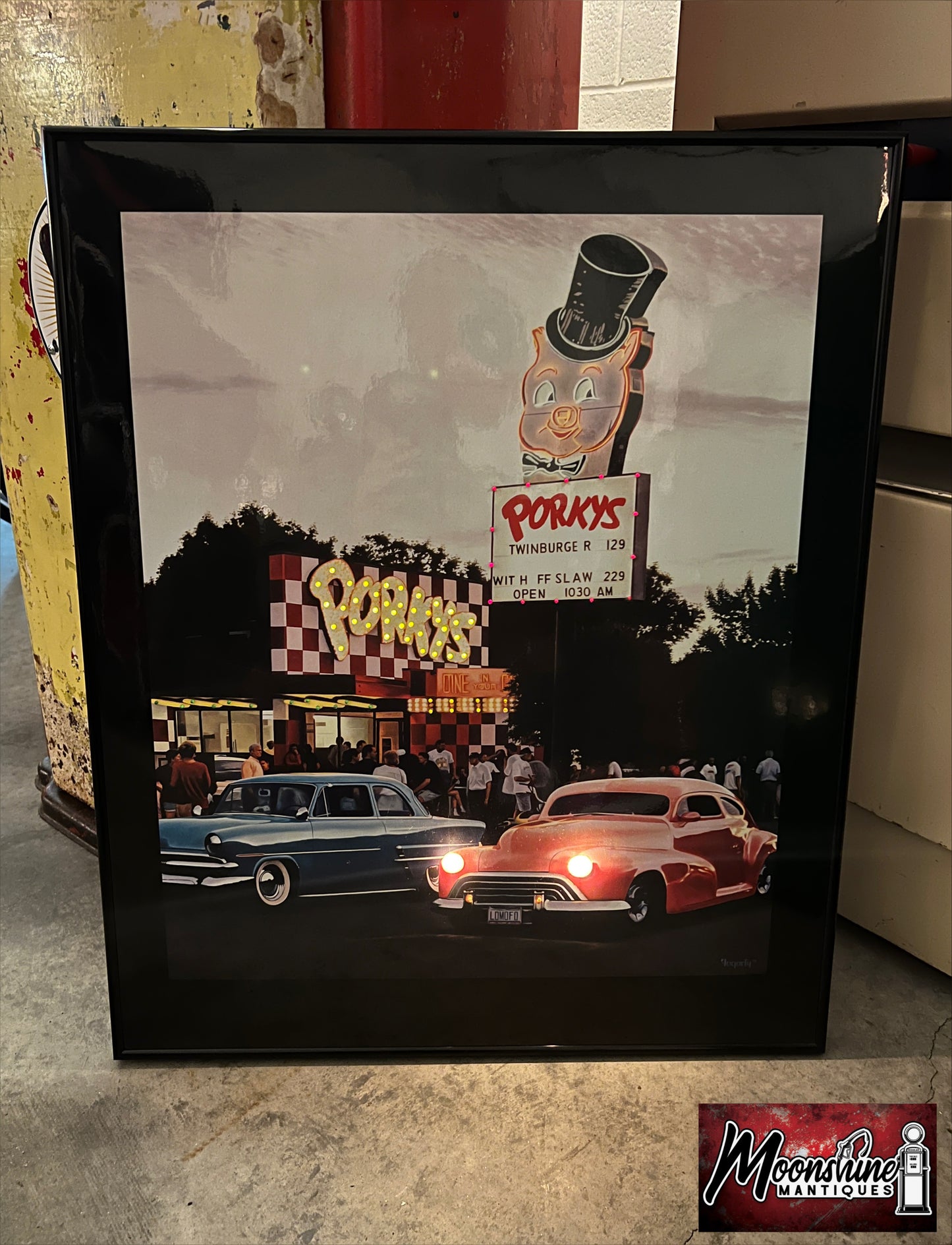 Vtg. PORKY'S DRIVE-IN / Hot Rods Electric Art Gallery Lighted Framed Photo - Free Shipping!