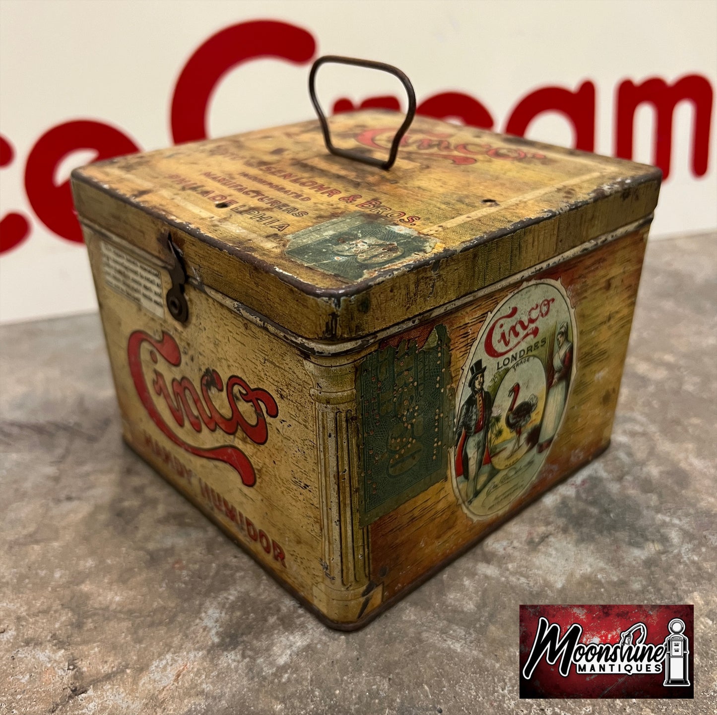 Antique CINCO CIGARS Handy Humidor Tin - Free Shipping!