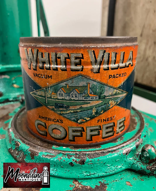Rare 1930's WHITE VILLA COFFEE Tin Can - Free Shipping!