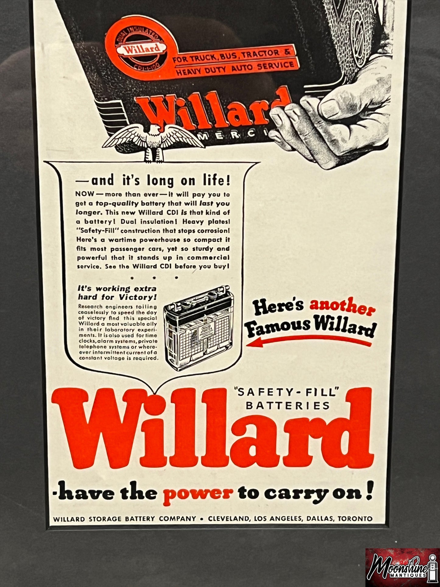 1942 WILLARD BATTERIES Professionally Framed Print Ad - Gas & Oil Sign - Free Shipping!