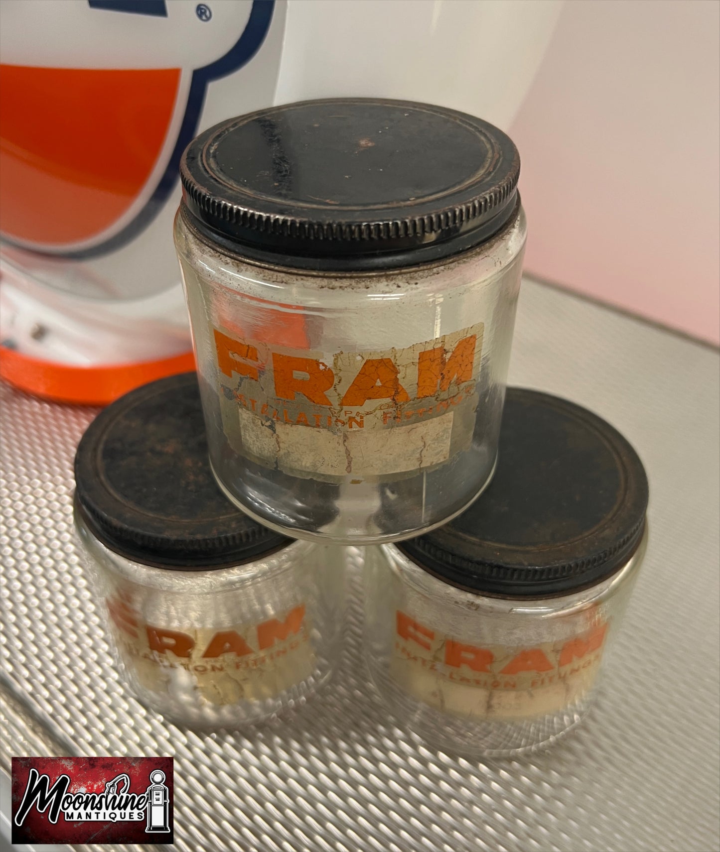 Vtg. FRAM FILTERS Installation Fittings Glass Jar - Lot of 3 - Free Shipping!