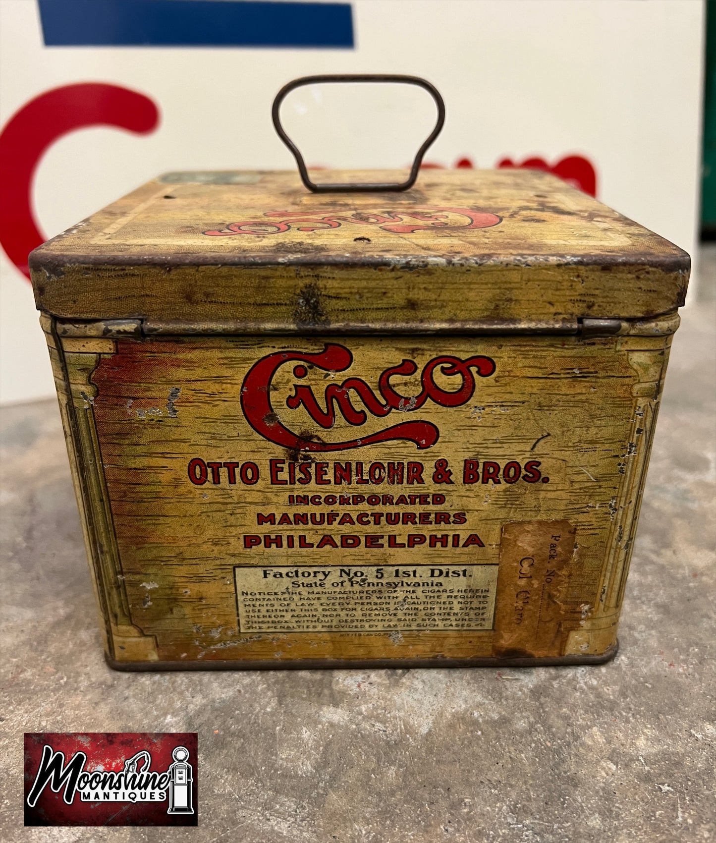 Antique CINCO CIGARS Handy Humidor Tin - Free Shipping!