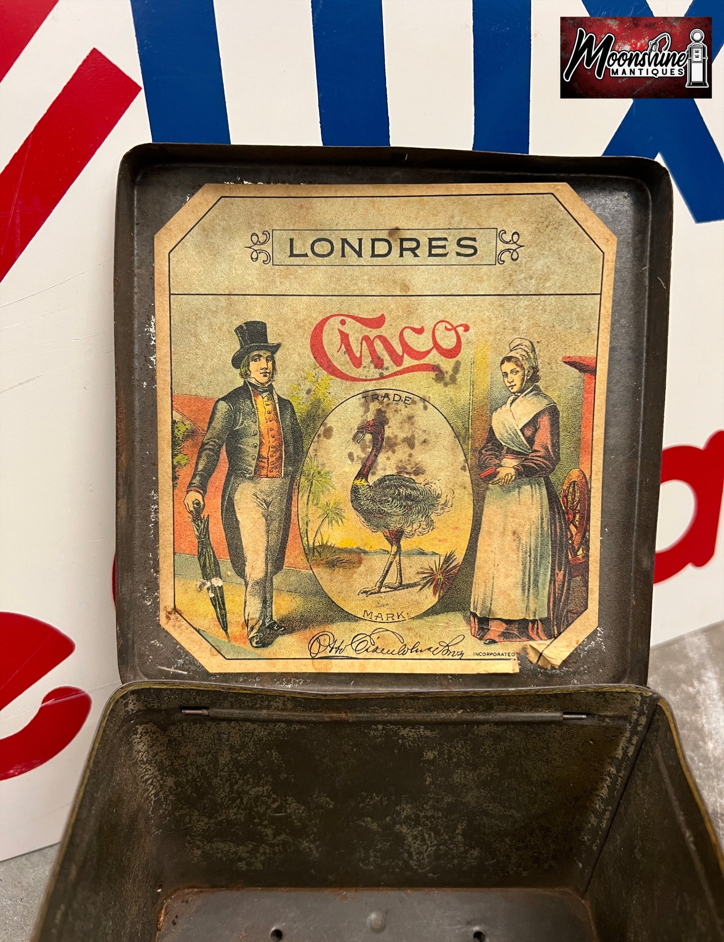 Antique CINCO CIGARS Handy Humidor Tin - Free Shipping!