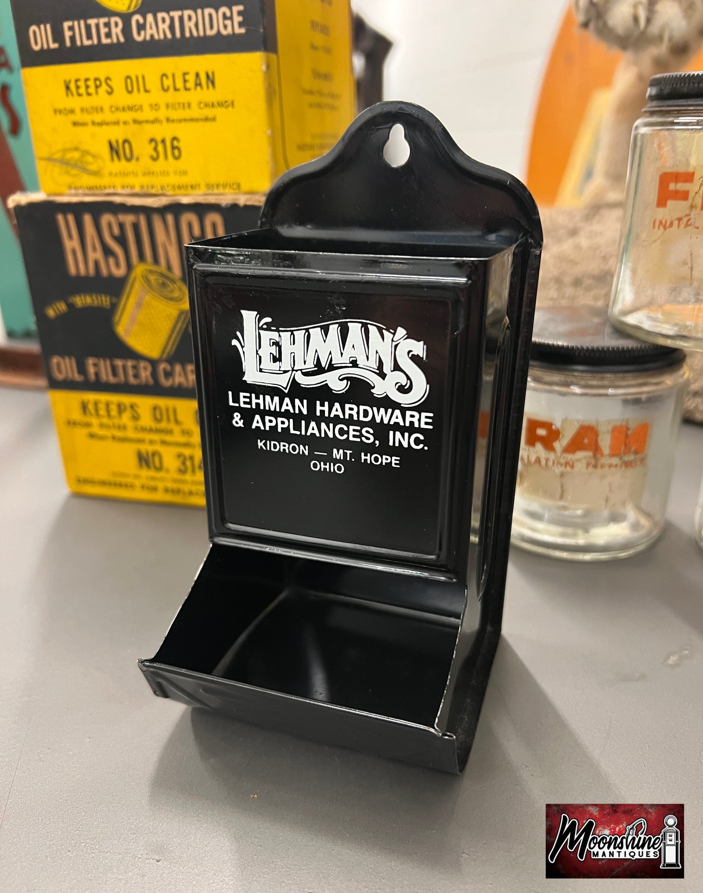 Vtg. LEHMAN HARDWARE Kidron Ohio Tin Litho Match Holder - Free Shipping!