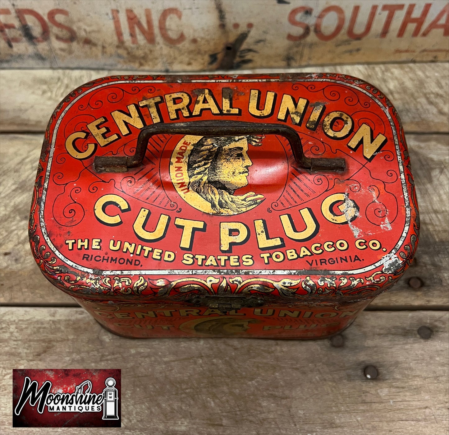 Vtg. CENTRAL UNION Cut Plug Tobacco Tin - Free Shipping!